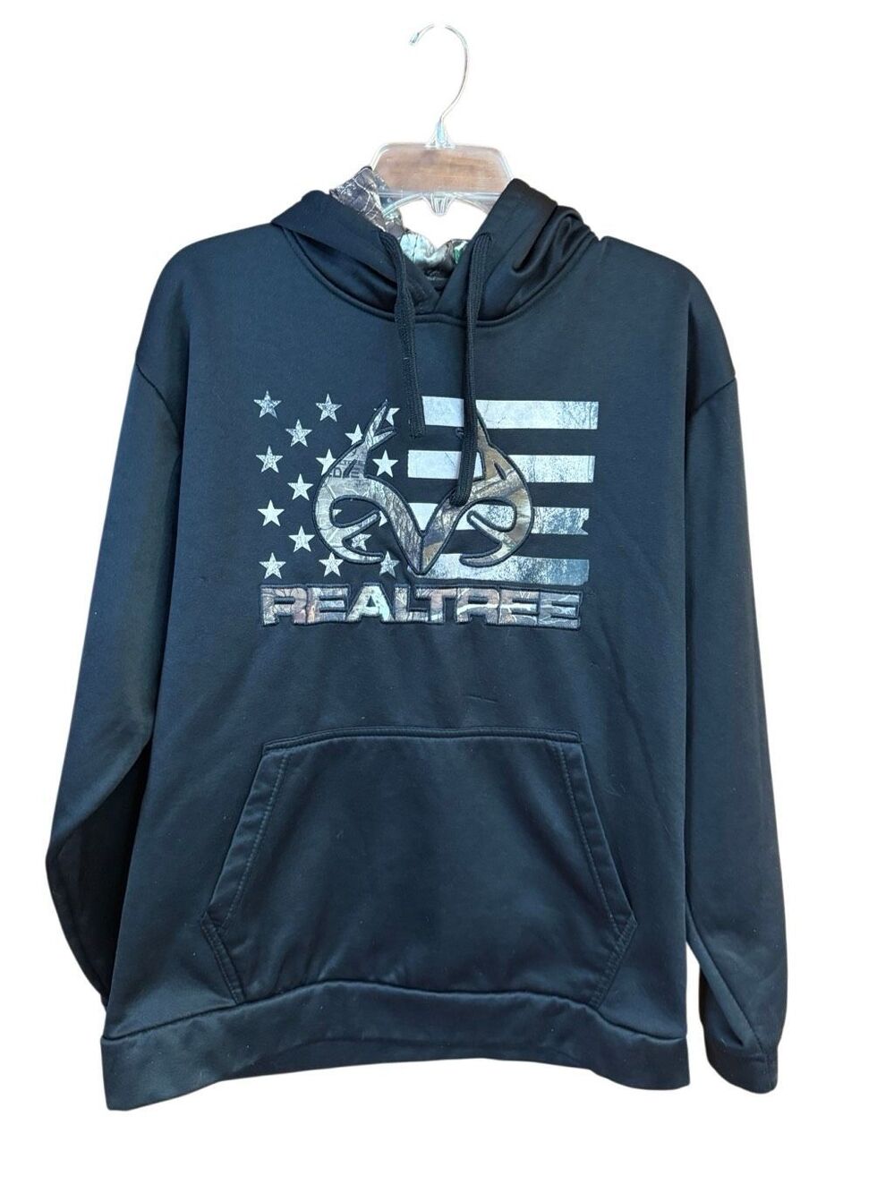 Realtree Men's Camo American Flag Antler Hoodie Sz M Black